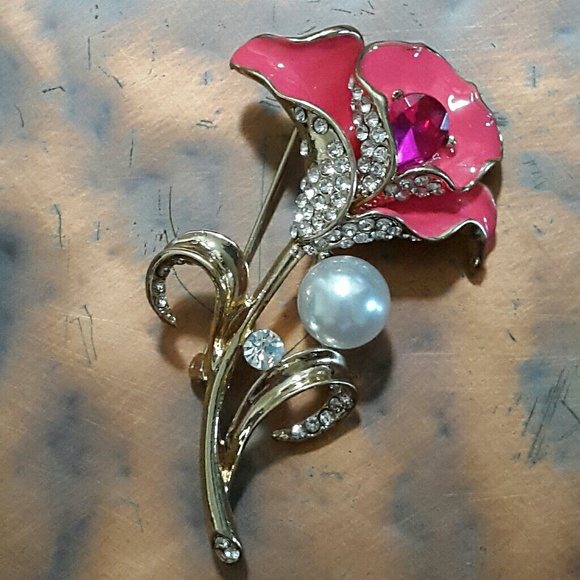 None Jewelry - #311 Rhinestone Brooch Crystal Tropical Pink Flower Rose Pearl Lapel Pin